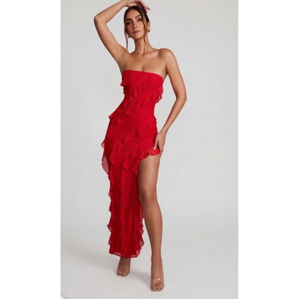 Oh Polly Nevali Ruffle Maxi Dress 6 Red Strapless Mesh Bodycon Gown Bandeau